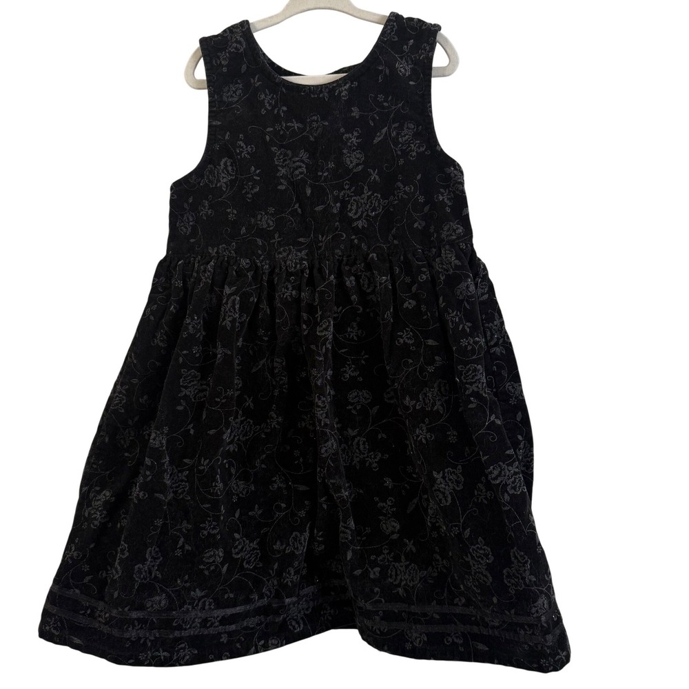 Vintage 90s Black Fit Flare Velvet Mc Donald's kids size Girls 7 Dress floral